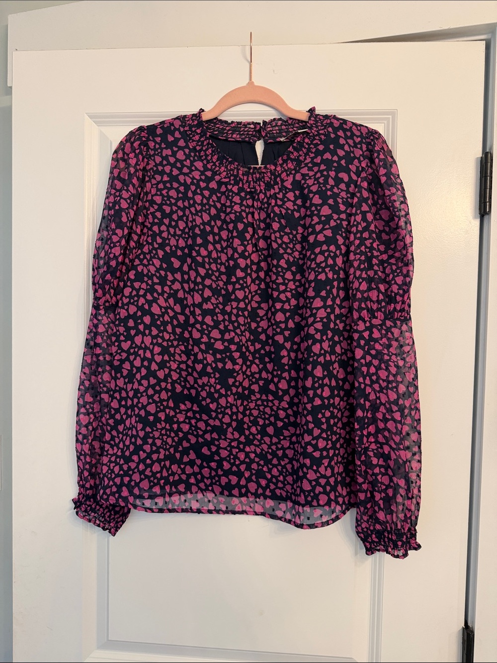 LOFT Navy Blouse with Fuchsia Heart Print